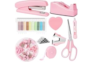 OFFCUP Büroartikel Set, Schreibtisch Set, Schreibtischzubehör 10 Kit mit Entklammerer, Heftklammern, Heftklammerentferner, Tesafilm Abroller, Schere, Bandmaß, Allzweckmesser, Clip, Haftnotizen (Rosa)