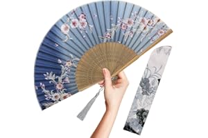 OMyTea Folding Hand Fan for Women - Foldable Chinese Japanese Vintage Bamboo Silk Fan - for Hot Flash, Church, Decoration, EDM, Music Festival, Dance, Party, Performance, Gift (Gray Redbud)