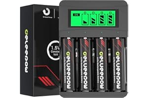 Delyeepow Batterie AA Litio Ricaricabili, 4 Pezzi 3400 mWh 1.5V Pile AA Litio Ricaricabili con Caricabatterie, LCD Display 4 Slot, 2ore Carica Rapida USB