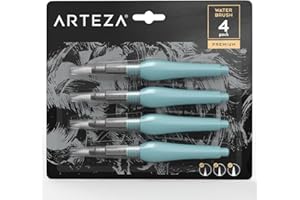 ARTEZA Watercolour Brush Pens Set of 4 with Assorted Soft Nylon Bristle Tip Sizes, Self-Moistening Water Brush Pen Set for Aquarelle, Ink, and Watercolour Painting