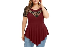 Riou Maglietta Donna Taglie Forti in Pizzo，Top da Donna Elegante，Sexy Camicetta con Scollo a V，Oversize T-Shirt Maniche Corte，Top Trasparente Irregolare