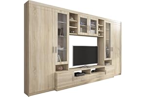Große Wohnwand Vita, TV-Lowboard, 2 Vitrine, Wandregal, Anbauwand Schrankwand Wohnzimmerschrank (Sonoma Eiche, mit weißer LED Beleuchtung)