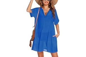 AI'MAGE Damskie okrycia plażowe letnie krótkie okrycia kąpielowe lekka bluzka dekolt w serek Bikini Cover Up z bocznymi kieszeniami S-XXL