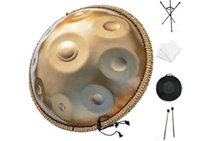 Handpan drum instrument, AS TEMAN handpan,Handpan drum in D Minor 9 Notes 22 inches Steel Hand Drum with Soft Hand Pan Bag, 2 handpan mallet,Handpan Stand,dust-free cloth,gold (432hz, gold)