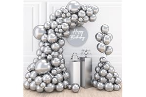 PATIMATE Silver Balloons Arch Kit, 110 pcs Silver Metallic Balloons Arch Different Sizes, 18 Inch 12 Inch 10 Inch 5 Inch Party Balloons Garland for Birthday Party Decorations Wedding Baby Shower Anniversary