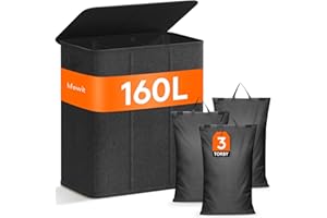 Lifewit 160L kosz na pranie 3 sekcje, bardzo duży kosz na pranie z pokrywą, kosz na brudne ubrania z uchwytem, podzielony organizer na pranie z 3 wyjmowanymi workami na pranie, Ciemnoszary
