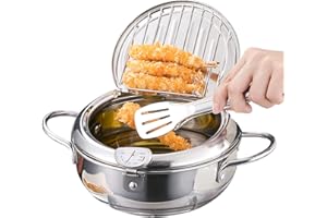 BUACHOIS Olla Freidora,Freidora de Estilo Japonés Olla con Inducción de Termómetro, Mini Sartén de Acero Inoxidable de Grado Alimenticio con Escurridor de Goteo de Aceite para Cocinar Papas Fritas (L - 3400ml)