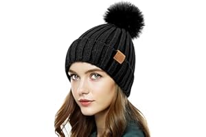 PIOZAED Bonnet d'hiver Chaud doublé en Polaire avec Pompon en Fausse Fourrure pour Femme