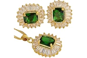 RIZILIA Jewellery Set Pendant with 18" Chain & Stud Earrings Rectangular Cut Gemstones CZ [5 Colours Available] in 18K Yellow Gold Plated, Simple Modern Elegance