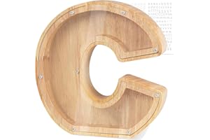 Wooden Letter Piggy Bank,Ompinda Personalized Wood Alphabet Letter Bank Money Box(Custom Name) Unbreakable Transparent Coin Piggy Bank Birthday Gift for Kids (C)
