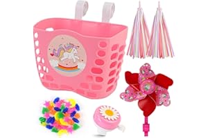 Juego de Canasta y Timbre para Bicicleta para niños de Oumers: Kit de decoración para Bicicleta para niños con Canasta, Cuentas para radios, Timbre y Molino de Viento (Estilo de calcomanías al Azar)