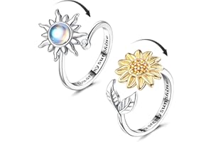 Adramata 2 Stück Silber Anxiety Ring für Damen - Sonnenblume Fidget Achtsamkeitsring, Mondstein Spinner, Verstellbarer Offener Anti-Stress Ring