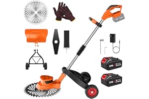 SWBSLL Debroussailleuse Electrique sans Fil 21V, Coupe Bordure sans Fil avec 2 x 3.0Ah Batterie et 2 Types De Lames, 650W Moteur sans Balais, roulettes Amovibles, Tige Télescopique, Affichage LED