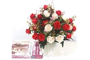 HORREX 4 Ramo de Rosas Artificiales Rosa Flores Artificiales Cementerio Ramo de Rosas Rosa de Seda Realistas Flores Secas Decoracion de Rosas Eternas para Boda Fiesta (Rojo)