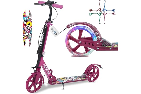 Arebos Trottinette de ville avec LED - Réglable en hauteur - Pliable - Avec Sangle de transport, frein à main et marchepied, pour enfants et adultes, charge maximale : 100 kg, trottinette