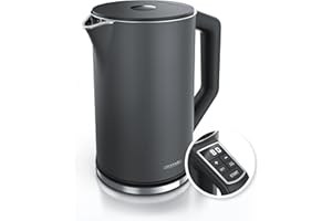 ‎ARENDO Arendo - Edelstahl Wasserkocher mit Temperatureinstellung 40-100 Grad in 5er Schritten - Doppelwand Design - Modell ELEGANT - 1,5 Liter - 2200 W - Teekocher mit Temperaturanzeige - GS - Cool Grey
