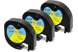 Yellow Yeti 3 Casetes de Cinta 91202 91222 S0721620 negro sobre amarillo, plástico, 12mm x 4m compatibles para Impresoras de Etiquetas DYMO LetraTag LT-100H LT-100T LT-110T QX50 XR XM 2000 Plus