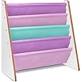 LIVIVO Childrens Colourful Sling Storage Bookshelf – Easy Access Wooden Storage with Soft Fabric Shelves Shelf to Protect Kids Books – Perfect Height (Pinks)