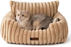 MEWOOFUN Dog Sofa Bed - Cat Beds for Indoor Cats Soft and Fluffy, Cat Sofa Bed Small Calming Dog Bed with Removable Washable Cover (Camel, 61x48x30)