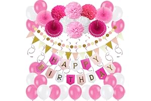ZERODECO Birthday Decoration Set, Happy Birthday Banner Bunting with 4 Paper Fans Tissue 6 Paper Pom Poms Flower 10 Hanging Swirl and 20 Balloon for Birthday Party Decorations -Pink White and Red