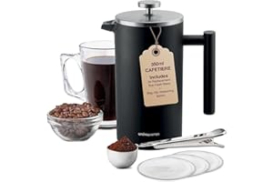 Andrew James Double Walled Stainless Steel Cafetiere Gift Set with 3 Mesh Filters, Coffee Measuring Spoon and Bag Sealing Clip, Delicious French Press Coffee, Easy to Clean (350ml, Black)