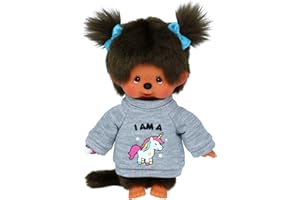 Sekiguchi 243846 - Original Monchhichi Mädchen, Plüschfigur mit Pullover "I am a unicorn" und Zöpfen mit Schleifen, ca. 20 cm großes Kuscheltier aus braunem Plüsch