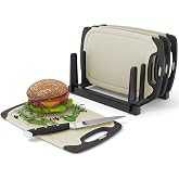 Breakfast Boards Set of 4 with Stands Plastic Small Cream Black Dishwasher Safe Non-Slip Chopping Board on Both Sides 24 x 14 cm