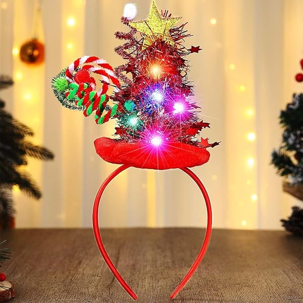 Reaky Weihnachts-Stirnband Mit LED-Beleuchtung – Glitzernder Stern & Rote Mütze – Haar-Accessoire Für Frauen (Rot, Einheitsgröße)