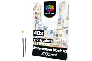 OfficeTree 40 x Watercolour Paper Pad A3-300gsm Watercolour Paper A3 White - Watercolour Pad for Drawing - A3 Watercolour Paper - 40 Sheets of Paper Watercolour - 2 Free Brushes