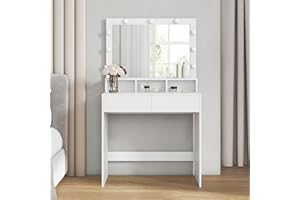 VASAGLE Dressing Vanity with Large Mirror, LED Lights, 2 Drawers, 3 Compartments, Modern Makeup Table, White