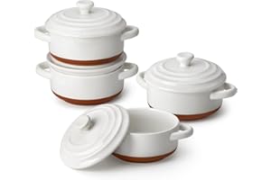 MALACASA Série TARA.BAKE, Mini Cocottes avec Couvercles en Porcelaine, Petits Ramequins 440ml Individuelles, Plats à Four Rondes avec Poignées 4 Pièces pour Soufflé, Crème Brûlée, Gâteau, Lasagnes