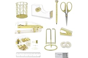 QUANERBA 11 in 1 Juegos de suministros de oficina dorados, accesorios de escritorio, juegos de grapas acrílicas, eliminadores de grapas, soportes telefónicos, soportes de cinta adhesiva, portalápices