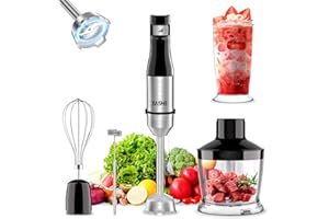 YASHE Mixeur plongeant, 5-en-1 en acier inoxydable, 1000 W, réglage de vitesse en continu, avec hachoir, fouet, verre doseur – idéal pour les aliments pour bébés, les sauces et les soupes