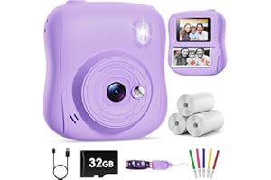 Hangrui Camara Fotos Infantil Instantanea, 1080P Camara Fotos Infantil, Cámara Instantánea para Niños con Tarjeta de 32GB,Papel de Impresión y Bolígrafos de Colores, Regalos Juguete-Púrpura