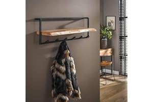 FAMLIGHTS RINGO-Living Kleider Garderobe Flur aus Holz & Metall, Wandgarderobe mit Ablage, rustikale Wandregal Garderobe, Garderobe Holz & Metall, stylische Kleidergarderobe Flur, Wanddeko Industrial Style