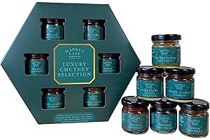 FUNTASY GIFTS Luxury Chutney Selection by Market Place Food Company - 6 x 32g Glass Jars Gift Set - Sweet N Spicy Tomato, Pickle, Onion, Chunky Onion, Gardners Choice and Tomato Chutneys