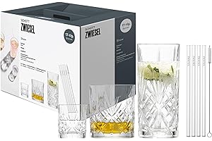 Schott Zwiesel Set de verres Show (set de 17), 4 gracieux verres à long drink, à whisky et à schnaps avec relief, 4 pailles et 1 brosse, verres en cristal résistant au lave-vaisselle (art. n° 124010)