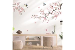 decalmile Pegatinas de Pared Árbol de Flores Rosa Vinilos Decorativos Aves en Rama Árbol Adhesivos Pared Dormitorio Salón Habitación Infantiles