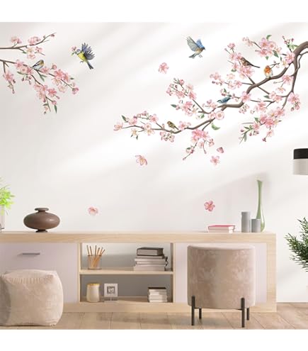 decalmile Muursticker dier kersenbloesem bloemen roze muursticker bosdieren herten vos muursticker meisje kinderkamer babykamer slaapkamer wanddecoratie
