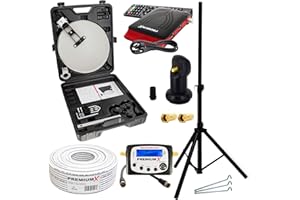 PremiumX Camping Satelliten Anlage Satellitenschüssel HD TV Receiver SAT-Finder Single LNB 10m Kabel im Koffer Stativ