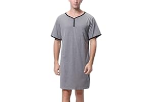 Sykooria Mens Nightshirt Short Sleeve Pajama Top Nightwear Henley Shirt Button Down Sleepwear Lightweight Cotton Soft Nightgown for Home Hospital