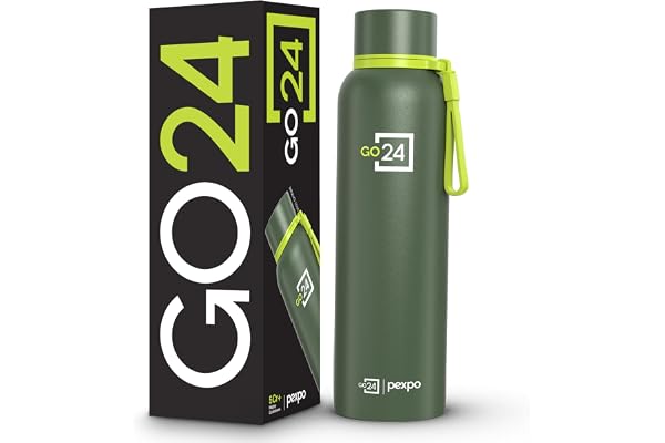 Go24 pexpo Stainless Steel Insulated Flask Bravo Military Green 980ml | Triple Wall, Leakproof lid, BPA Free, ideal for gym,