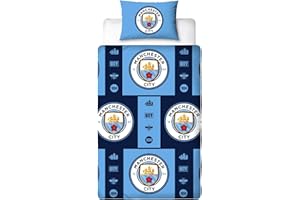 Character World Manchester City FC Single Duvet Cover Set – Official Reversible Bedding – Polycotton Man City Crest Emblem Design – Perfect for Cityzens