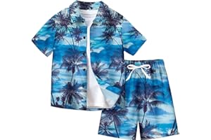 XINYUNZU Jungen Hawaii Hemd mit Shorts Sommer Outfit 2-Teilig Hawaiihemd und Elastische Taille Kurze Hose Set Casual Kinderkleidung Kurzarm Leicht Strand Bekleidungssets für Kinder 7-14 Jahre
