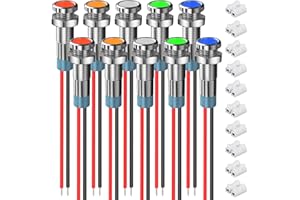 Xiatiaosann 10 Pcs 6mm 12-24V LED Indicator Light 5 Color(Green/Yellow/Red/Blue/White) Waterproof Metal Flat Head Panel Mount Signal Indicator Dash Light for Electronic Project with Connector