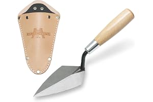 Marshalltown arkeologisk murslev, styv spetsig murslev med läderpåse, med trähandtag, murslev av kolstål, mått på spetsig murslev: 127x64 mm