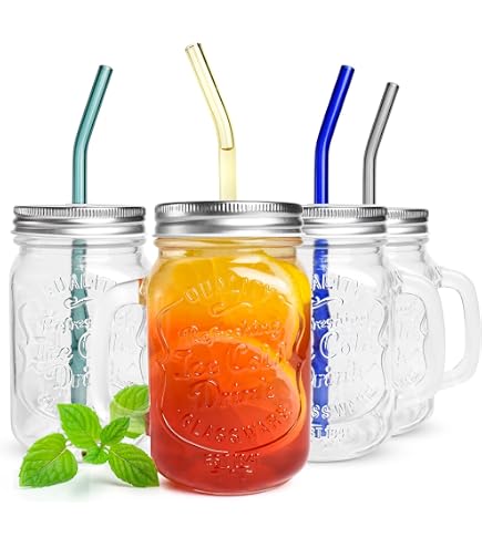 Set 4 Bicchieri In Vetro Con Coperchi In Bambù E Cannucce - 470 Ml, Ideali Per Cocktail, Tè Freddo E Caffè, Regalo Perfetto - 2