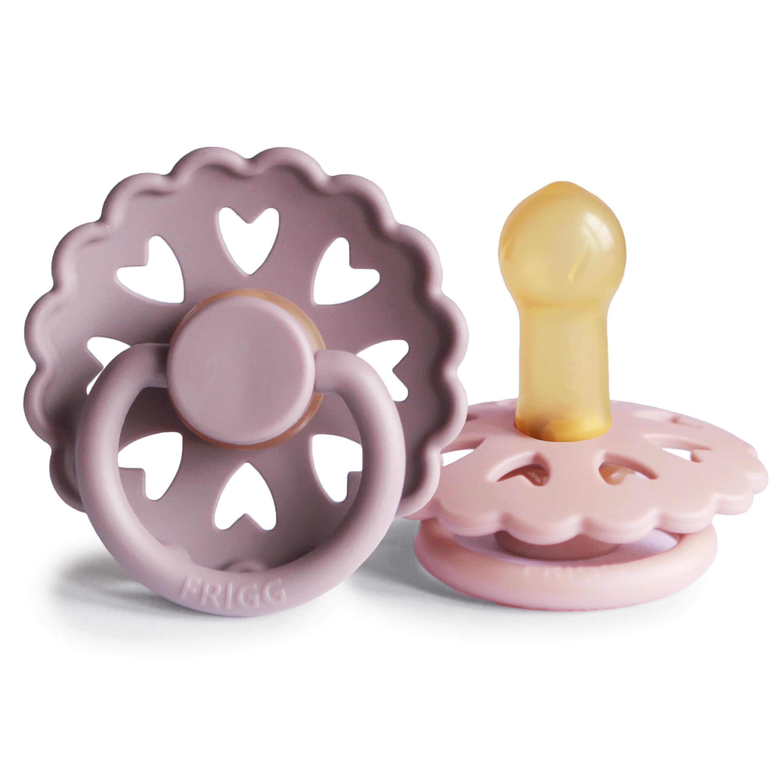 FRIGG Fairytale Chupete 2-Pack | Chupete de látex | Sin BPA | Fabricado en Dinamarca | Tetina simétrica tipo cereza | (Twilight Mauve/Primrose, Talla 2 (6-18 Meses)) - 1