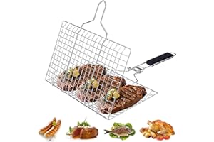 YAGOSODEE Fish Grilling Basket, Stainless Steel BBQ Grilling Basket, Portable Barbecue Grid, Folding Portable Grill Basket for Fish Vegetables Shrimp with Removable Handle(33.5x22cm), Silver + Black
