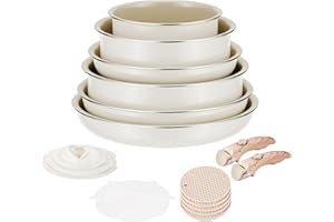 RIOVARM Induction Batterie de cuisine avec Poignées Détachables, Empilables Antiadhésive Céramique Sets de poêles et casseroles avec Couvercles, Peu encombrant Poêle à frire Sans PFOA